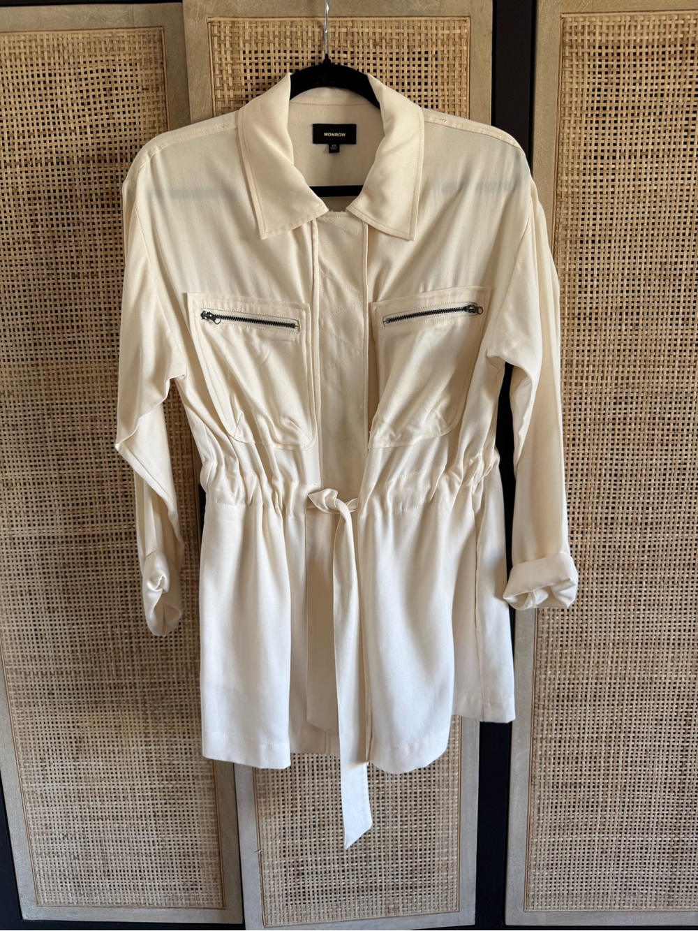 Monrow Cream Utility Drawstring Jacket with Zip Pockets